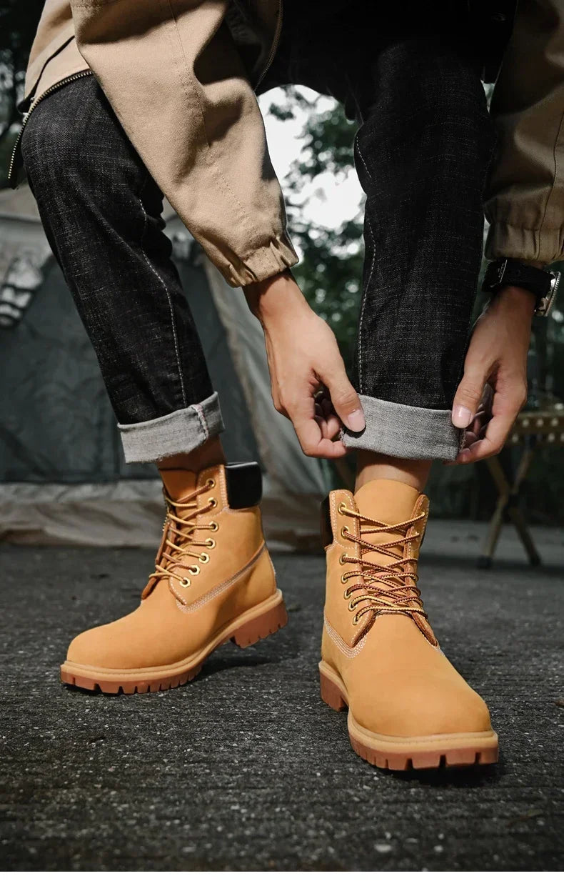 Men Boots High Top Boots Men's Leather Shoes Winter Fashion Plush Warm Shoes Outdoor Sneakers Lace Up Non-Slip Ankle Boots Male