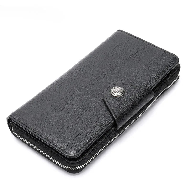 Leather long wallet men's top layer cowhide black business wallet horizontal square hand-held bag