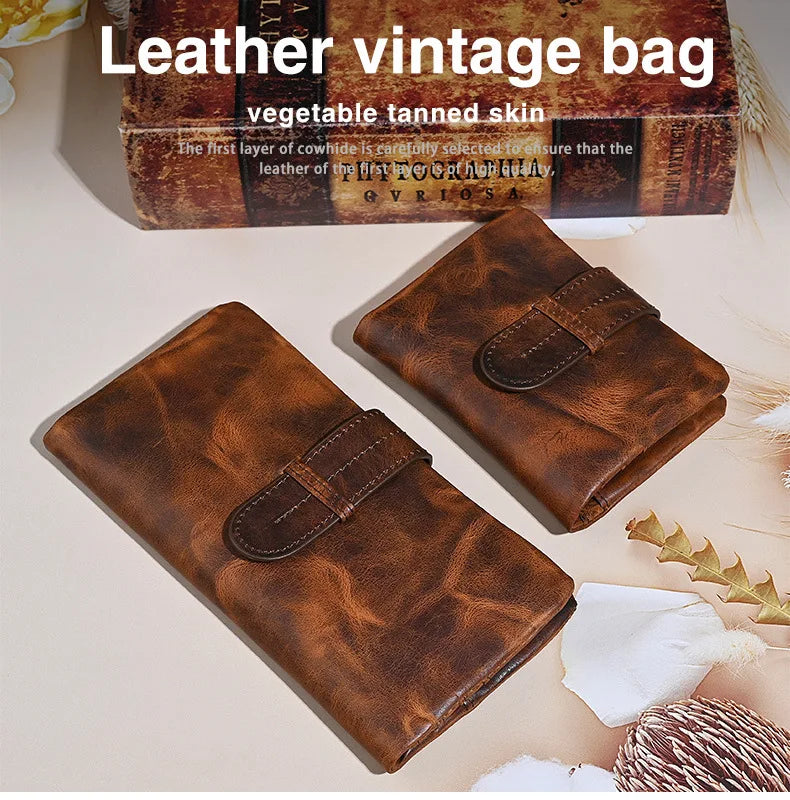 Vintage Genuine Leather Men's Long Wallet Real Cowhide Leather Long Purse Men Women Smooth Skin Leather Card Purse Anti Theft