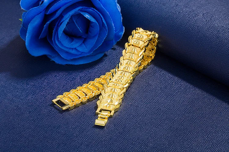SAIYE 21cm Retro Fashion European Coin Gold Plated Jewelry 24K Gold Men Wide Bracelet Watch Chain Wholesale