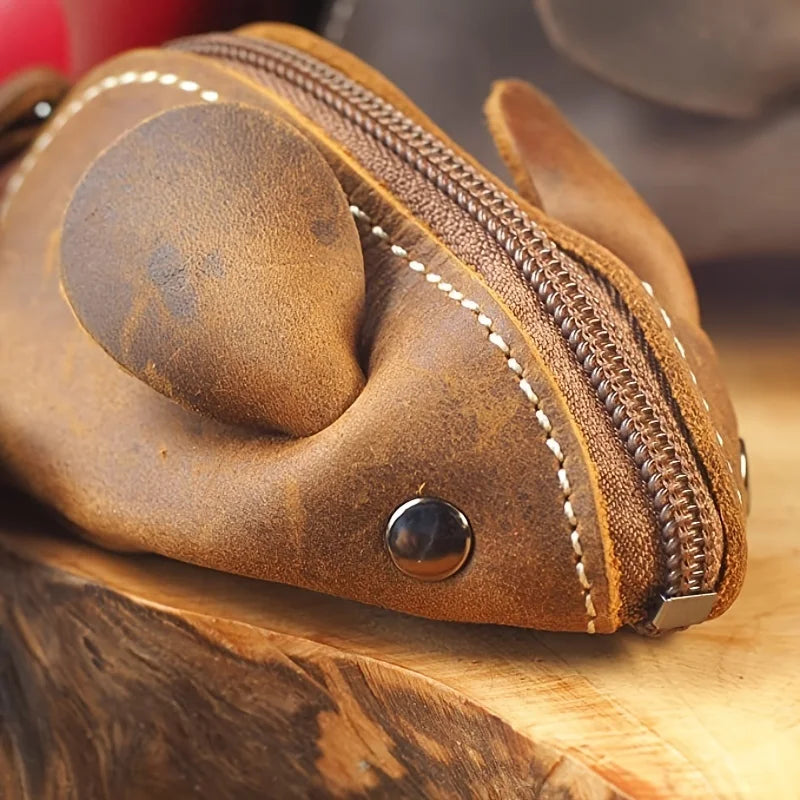 Cute Mini Mouse-Shaped Leather Wallet - Durable Brown, Zippered, Ideal for Men & Women, Perfect for Organizing Small Items