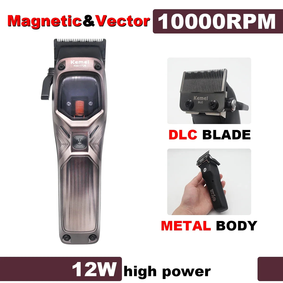 KEMEI KM-1726 Hair Clippers Men Professional with DLC Blade 10000RPM Magnetic Vector Motor Professional Hair Cutting Machine