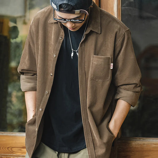 Maden Men's Shirt Casual Corduroy Long Sleeve Shirts Slim Fit Overcoat Spring Fleece Jacket Men's Clothing Retro Fashion Blouses