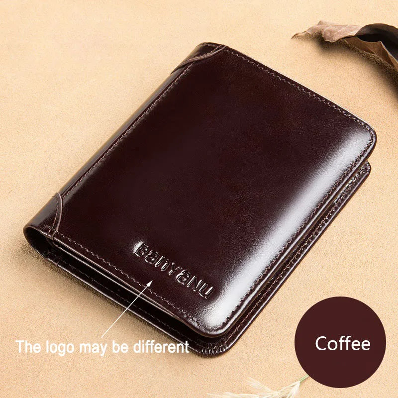Genuine Leather Wallet for Men with RFID Trifold Business Short Small Cowskin Purse with ID Window and Credit Card Holder