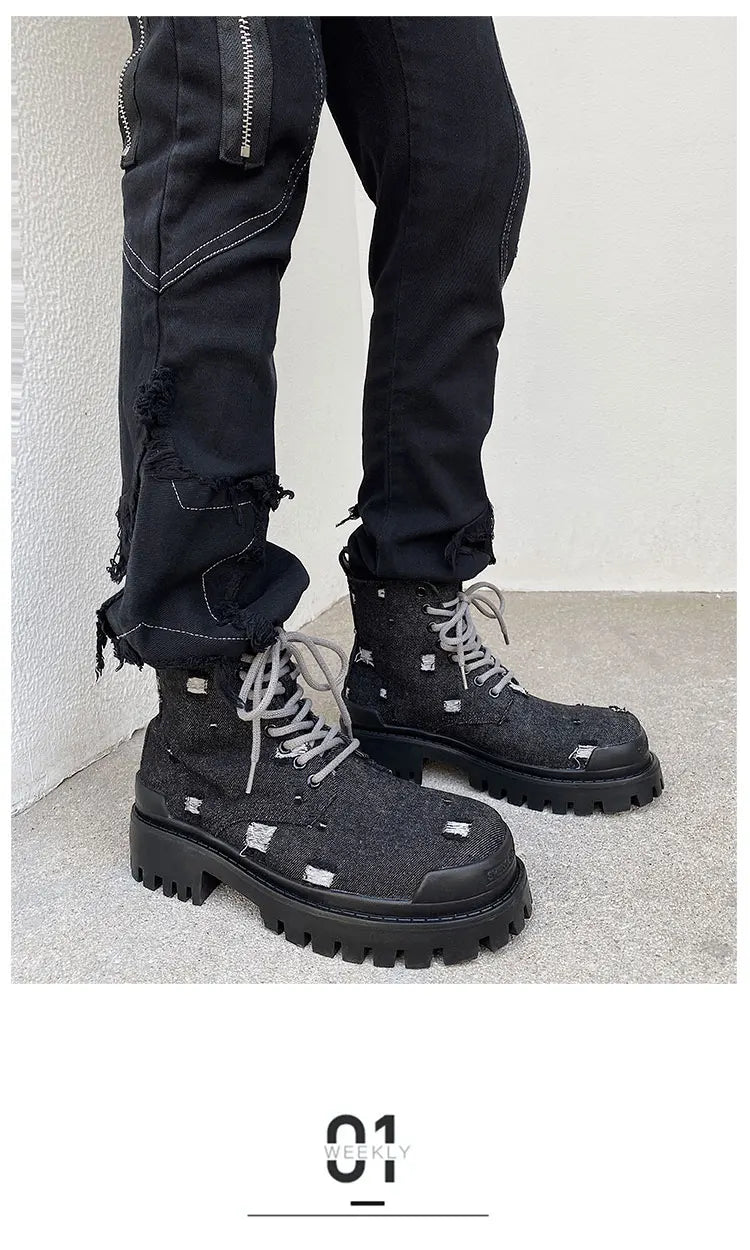 Mating boots for men new design black washed denim canvas short boots distressed style thick soled shoes Street Style