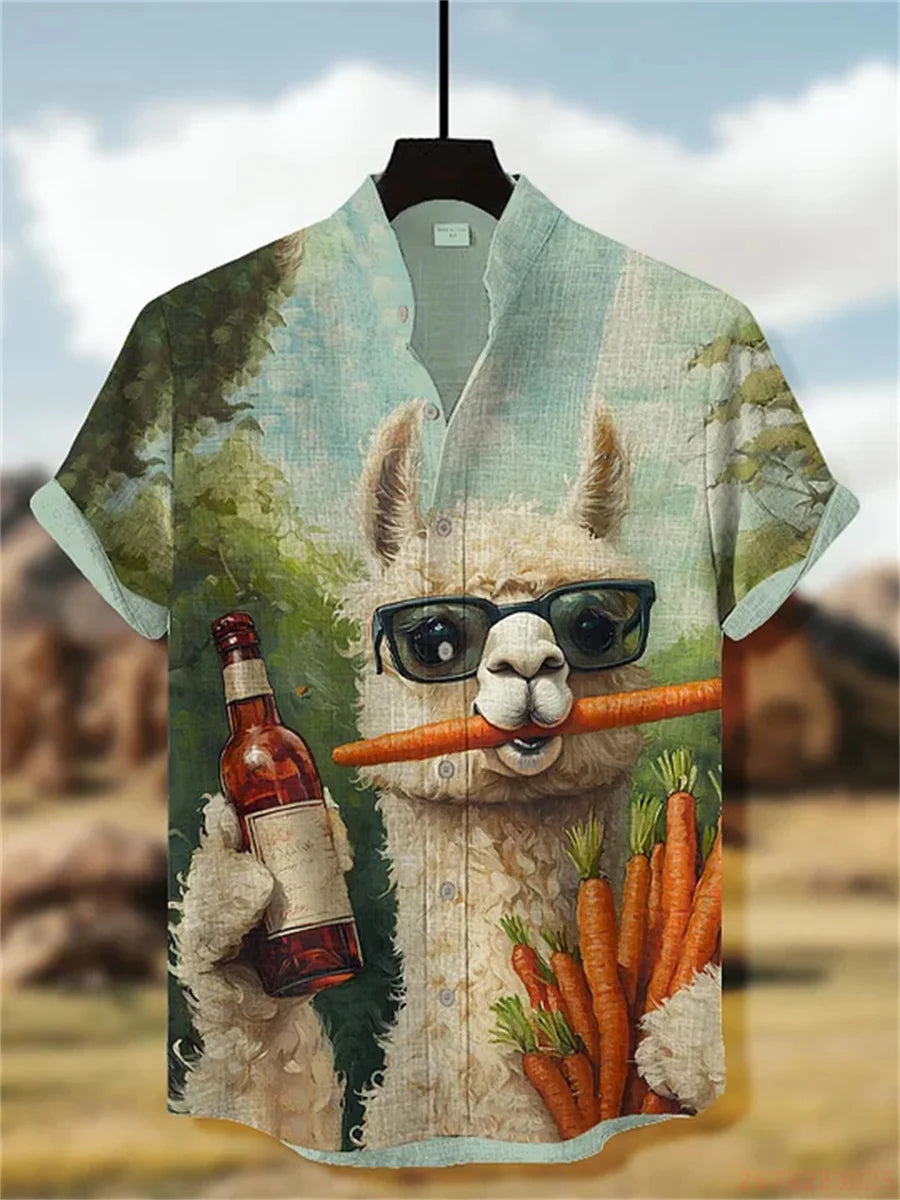2026 New Japanese Style White Wolf Print Short-Sleeve Shirt for Men, Retro Trendy Anime Style Fashionable Cardigan Vacation Top
