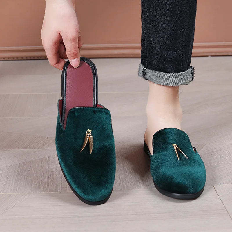 Fashion New Men Velvet Tassels Half Slippers Loafer Male Casual Purple Green Blue Black Mules Moccasins Breathable Driving Shoes