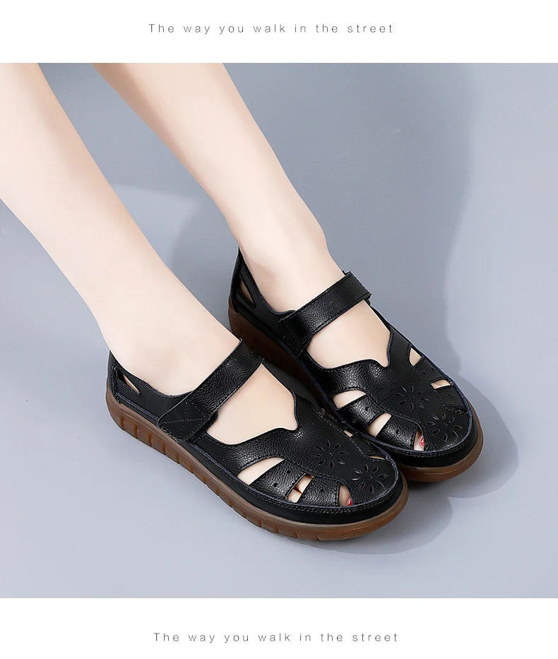 Sandals Summer Breathable Leather Slippers Women Fashion Non-Slip Casual Roman Shoes Ladies Sandals on Sale Off White Shose