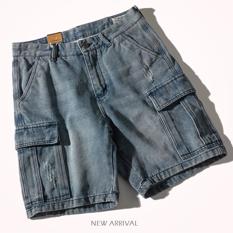 Shorts for denim men's tooling, cat's whiskers, straight pants, old retro pants, versatile multi-bag pants.
