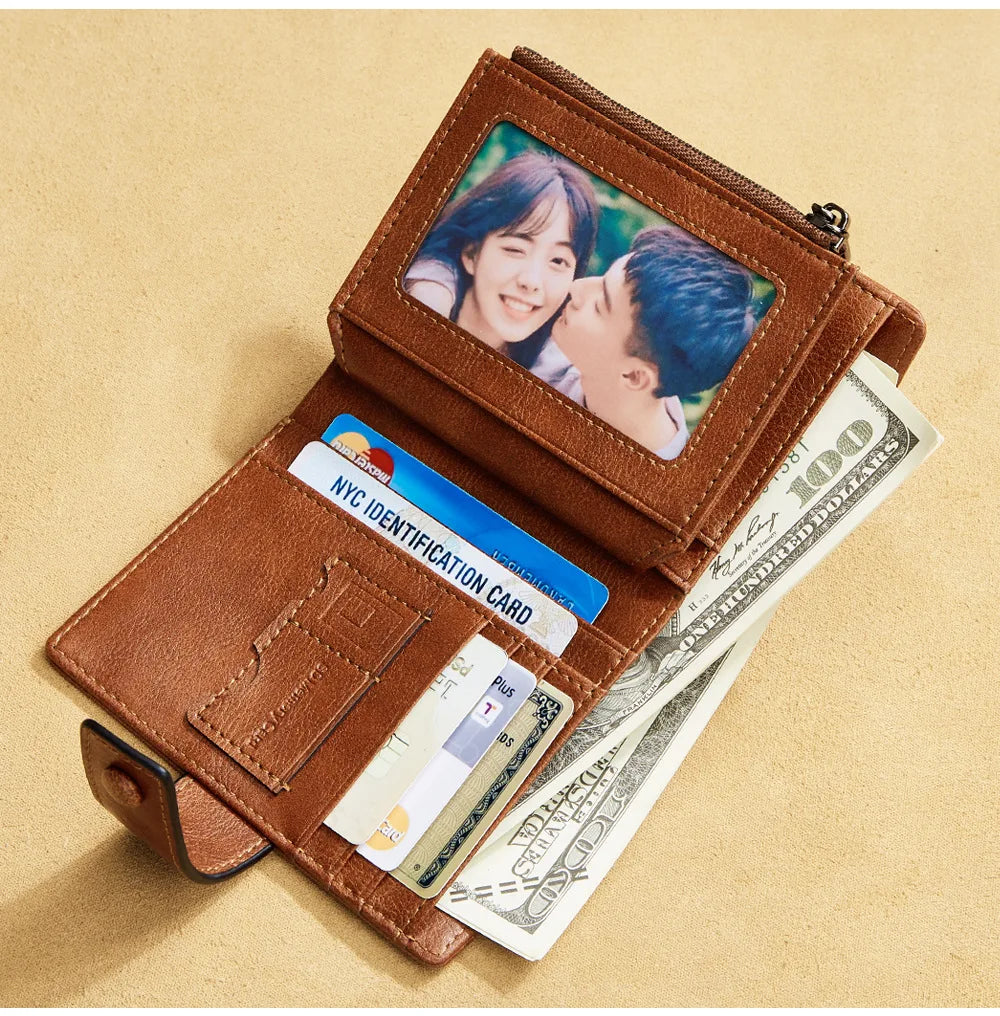 Vintage 100% Genuine Leather Men's Wallet RFID Blocking Trifold Short Multi Function Money Clip Large Capacity Zipper Coin Purse