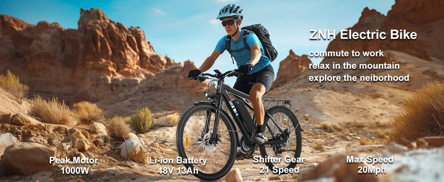 ZNH 1000W Electric Bike, 26 inch Electric Mountain Bike with 48V Battery,50Miles 20MPH Adult Ebike,UL 2849