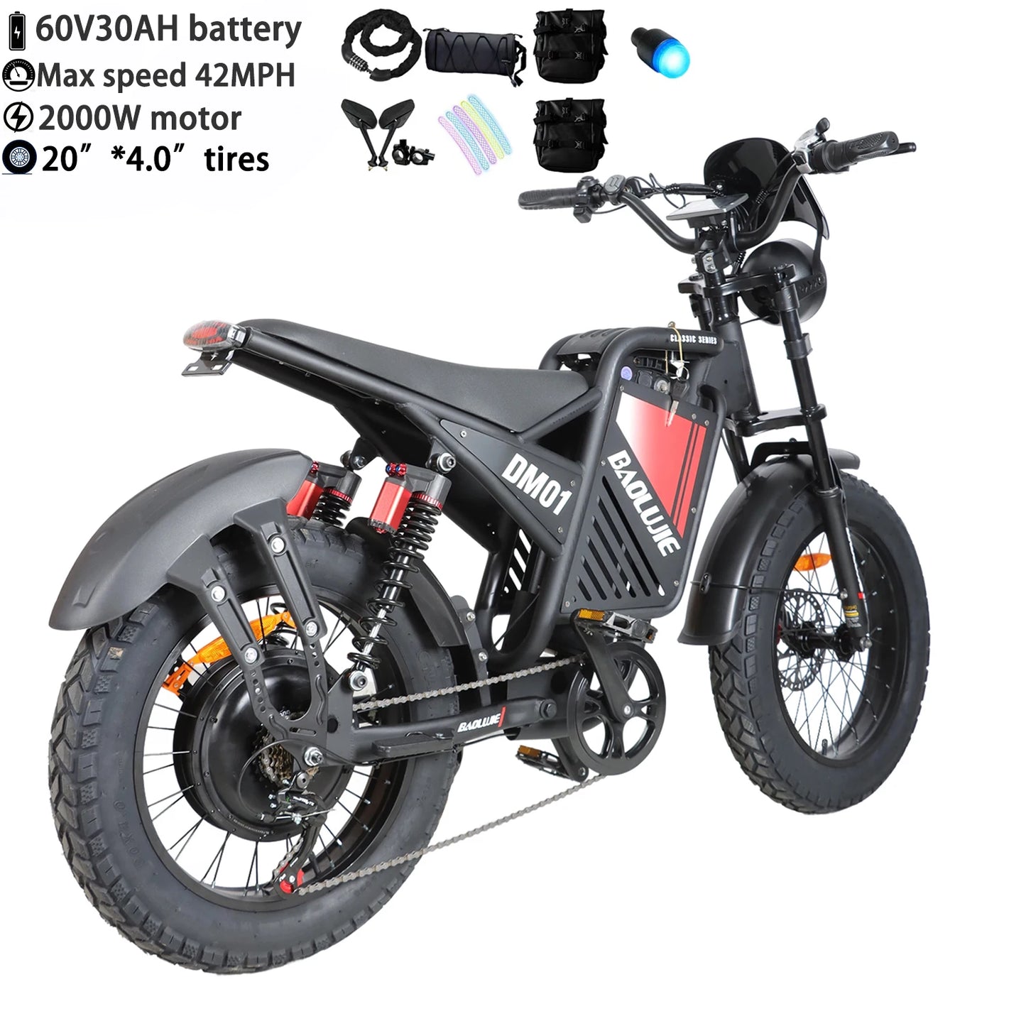 OEM DM01 Electric Motorcycles Peak 3000W Brushless Gearless Motors 60V 30AH Lithium Battery Max Speed 42MPH Adult Off Road Ebike