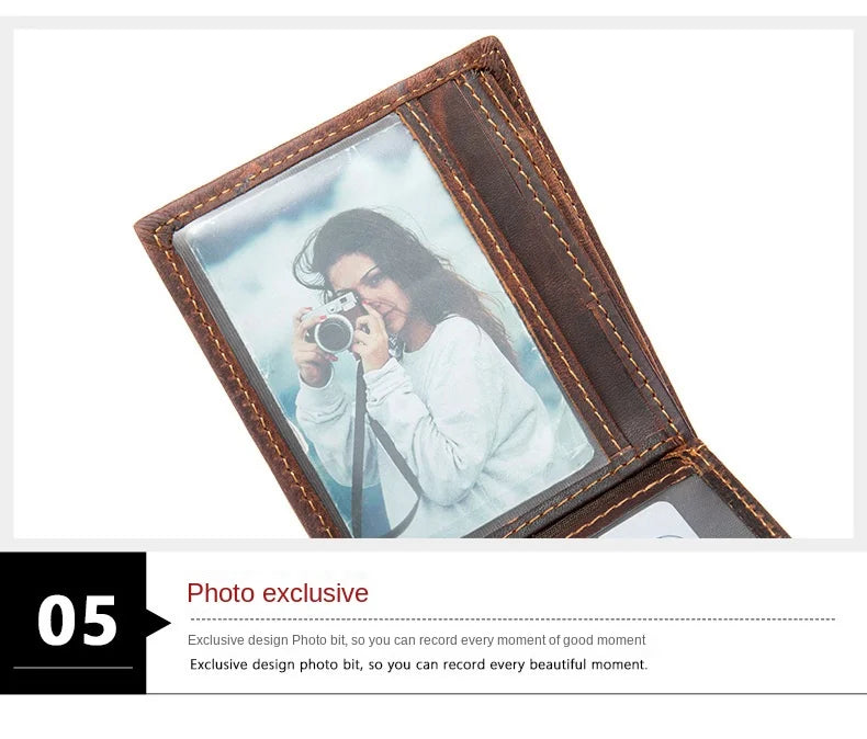 Men's Crazy Horse Leather Short Wallet Genuine Leather Buckle Wallet Vintage Top Layer Cowhide Card Holder Multi-Card  Wallet