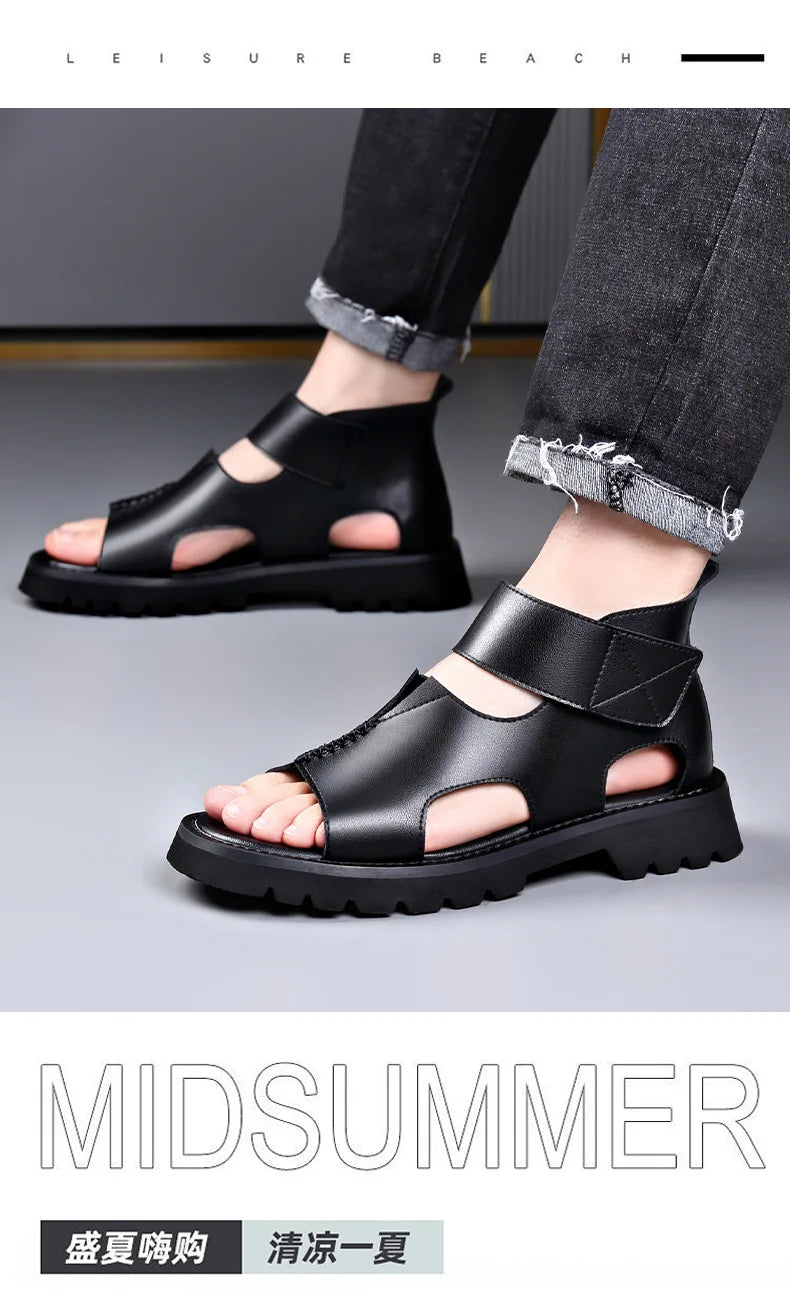 Cow Leather Sandals for Men 2025 Summer New Designer Big Size Increase Roman Beach Shoes Male Fashion Casual Black Sandals Man