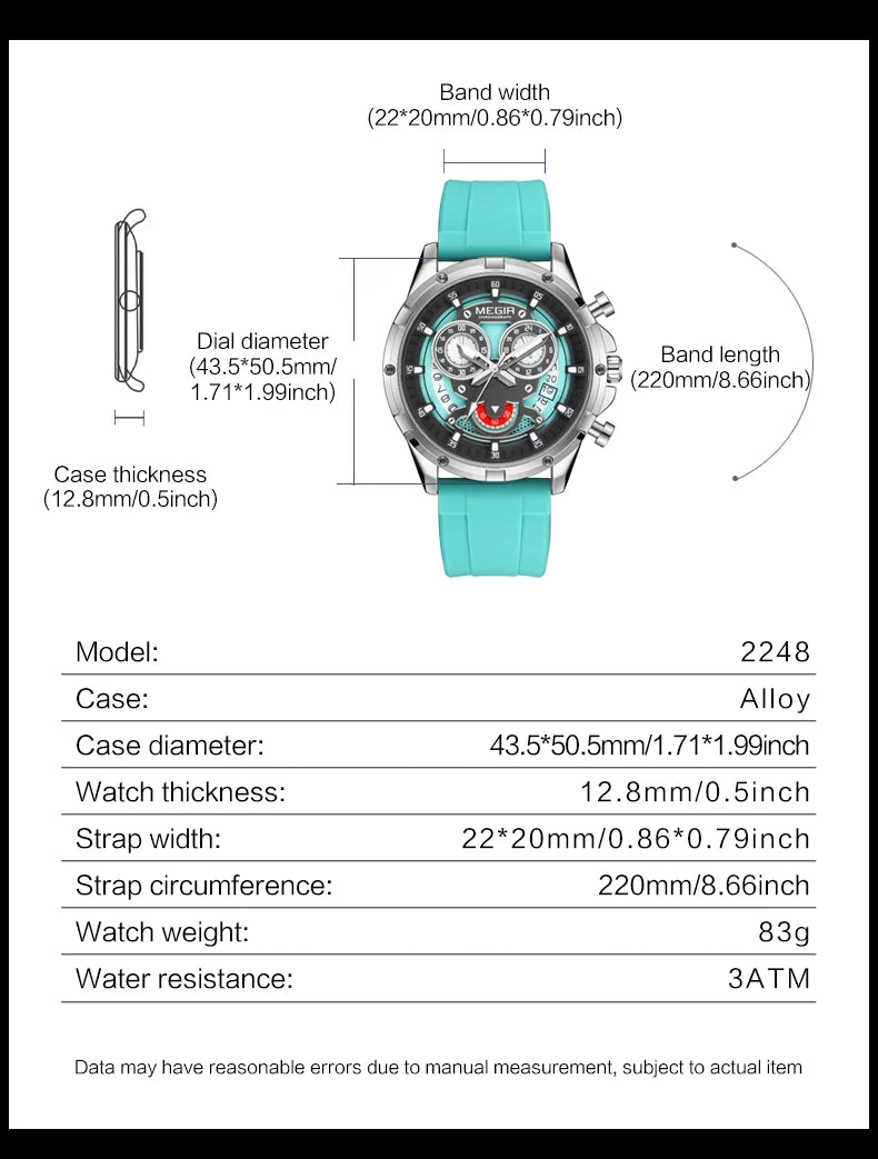 MEGIR New Sport Watches for Men Fashion Chronograph Quartz Wristwatch with Silicone Strap Luminous Hands Calendar Waterproof