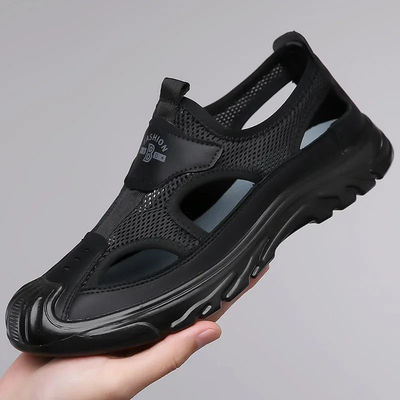 2025 Summer Beach Sandals for Men New Hollow Men's Sandals Outdoor Breathable Mens Bag Head Mesh Casual Shoes Zapatillas Hombre