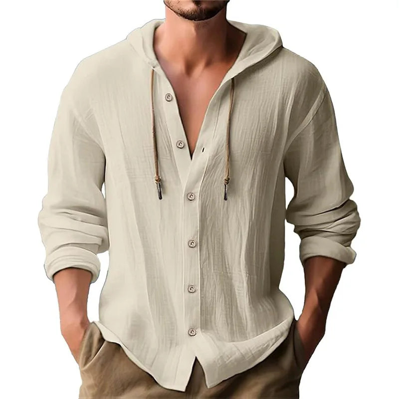 Men's Beach Casual Shirts Cotton Linen Hooded Long Sleeve Shirt Man Fashion Loose Solid Button Cardigan Streetwear Tops Clothing