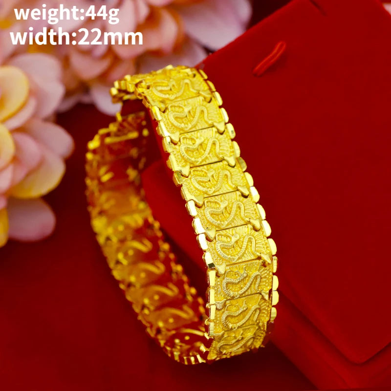 24k Yellow Gold Color Watch Bracelet for Men Dragon Pattern Male Gentleman Bracelet Hand Chain Wedding Engagement Jewelry Gifts