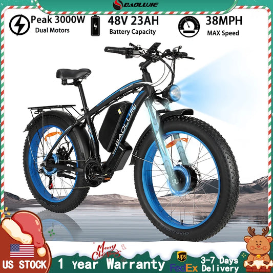 BAOLUJIE 2602 Ebike Peak 3000W Dual Motor Electric Bike 38MPH Electric Bicycle 26”*4” Fat Tire Mountain Bike for Adults off-road