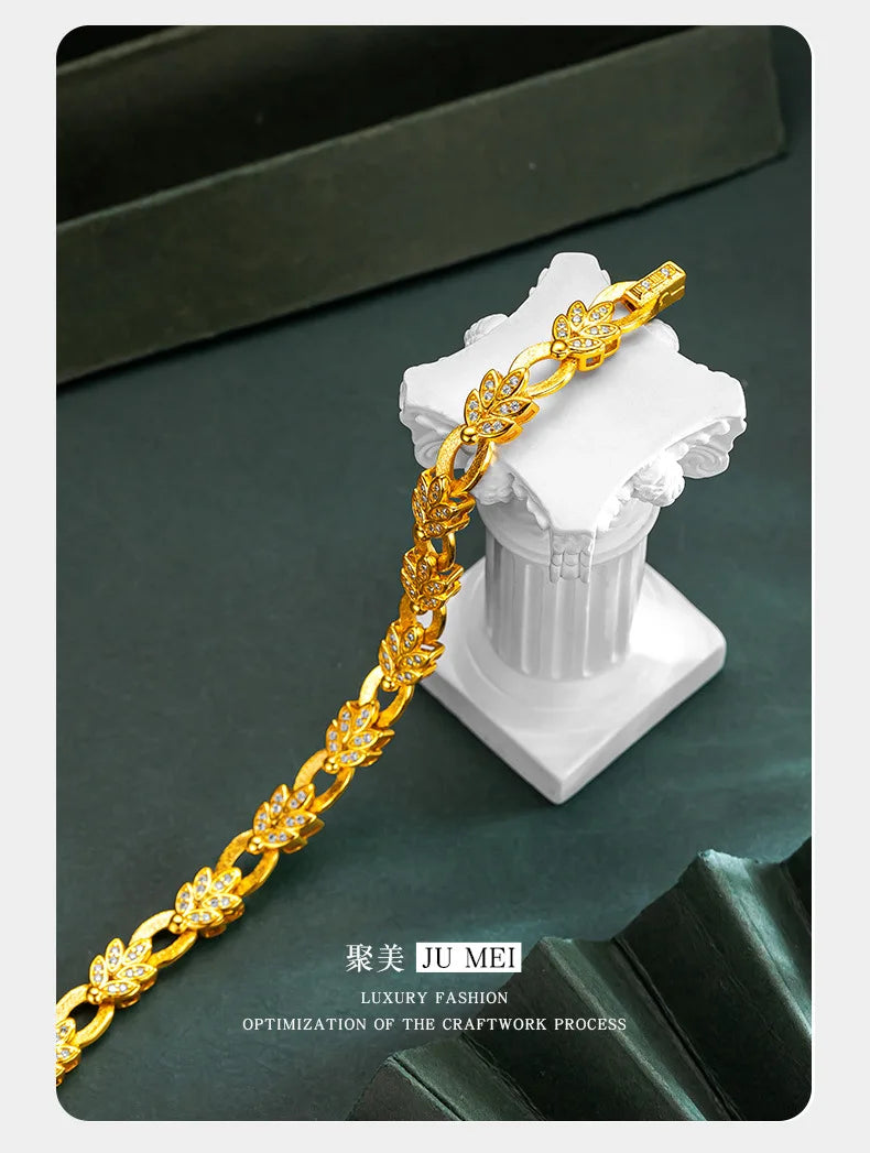 9999 24K real gold diamond leaf bracelet with gold color clip buckle design as a birthday gift for your girlfriend
