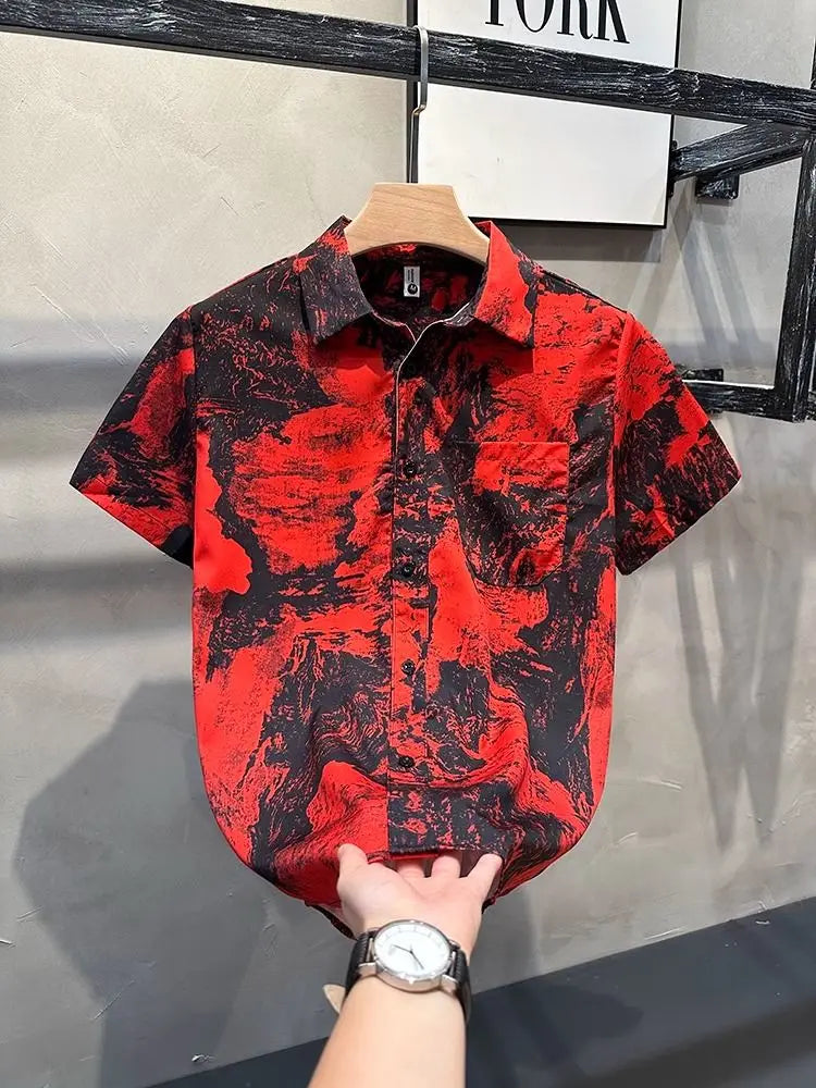 Men's Clothing 2025 Summer Fashion Vintage Print Button Up Shirt Casual Streetwear Y2K Short Sleeve Loose Tops Camisas De Hombre
