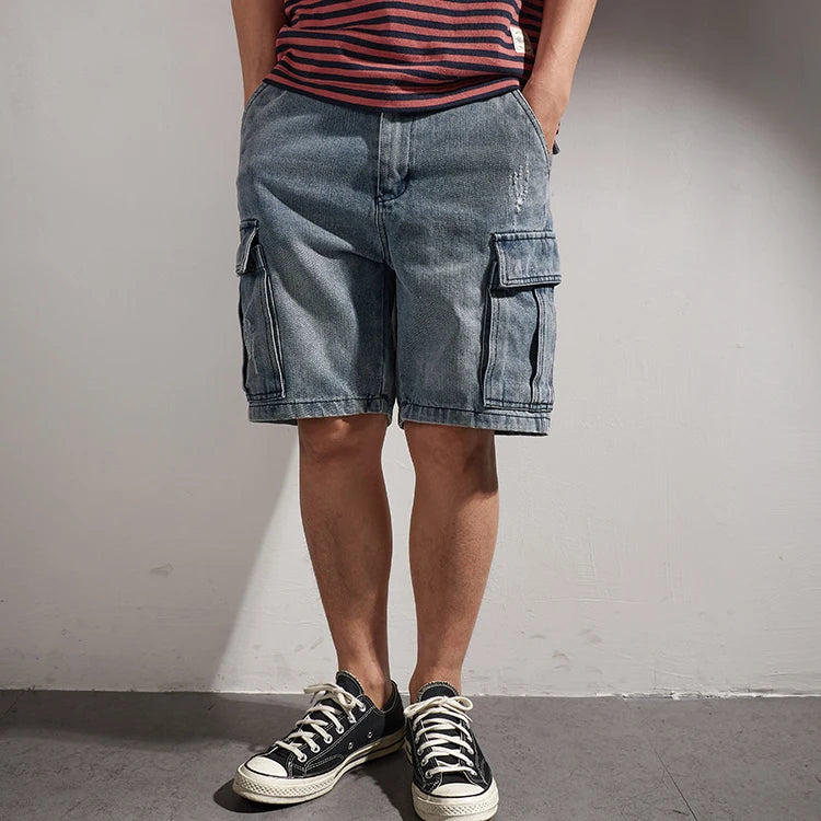 Shorts for denim men's tooling, cat's whiskers, straight pants, old retro pants, versatile multi-bag pants.