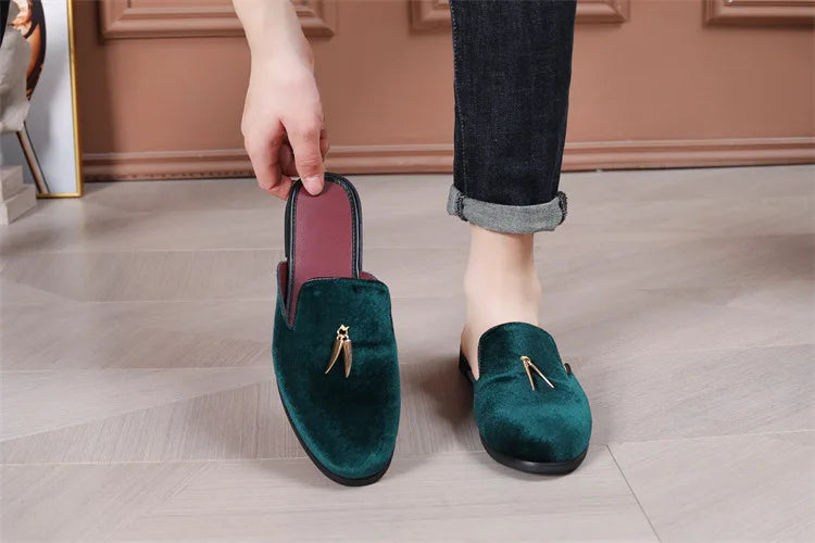 Fashion New Men Velvet Tassels Half Slippers Loafer Male Casual Purple Green Blue Black Mules Moccasins Breathable Driving Shoes