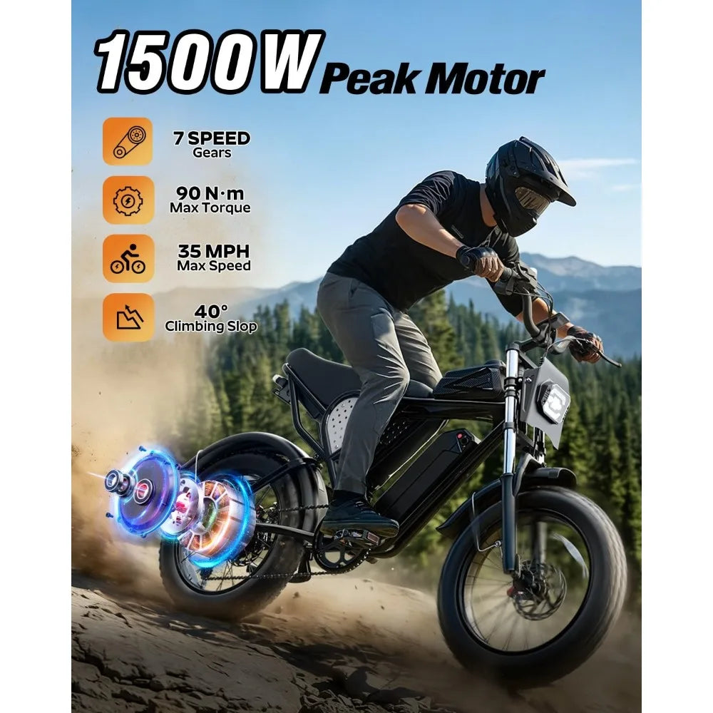 Electric Bike for Adult 1500W Peak Motor, 35MPH Speed, 48V 25AH Removable Large Battery Up to 80 Miles Range, UL, Customized