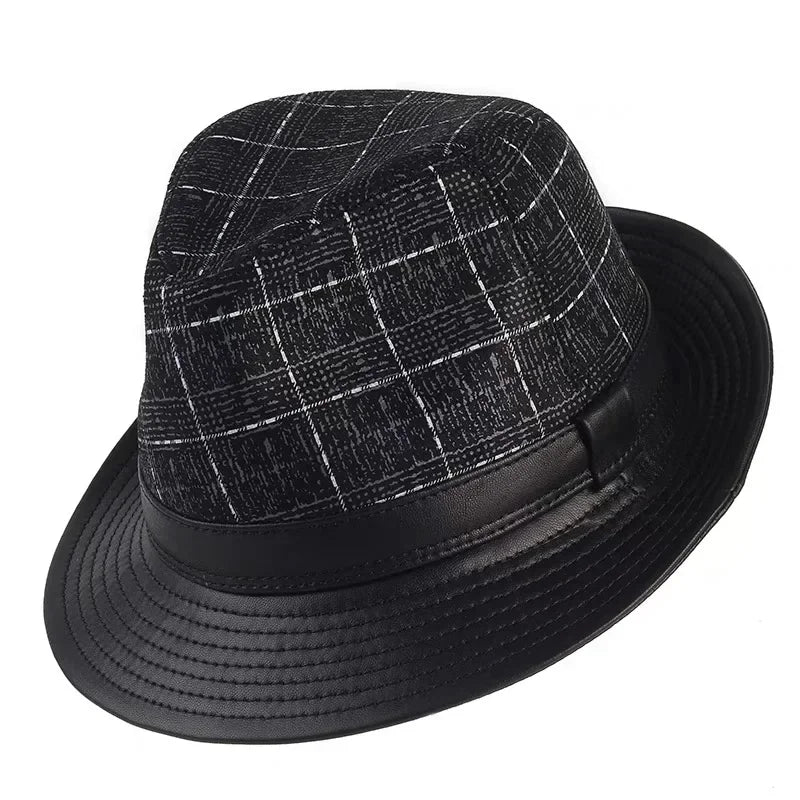 Winter Genuine Leather Suede Print Black GeometryTop Hats For Men/Women British Gentlemen Wide Brim Stetson Fedoras 55-60cm Fitt