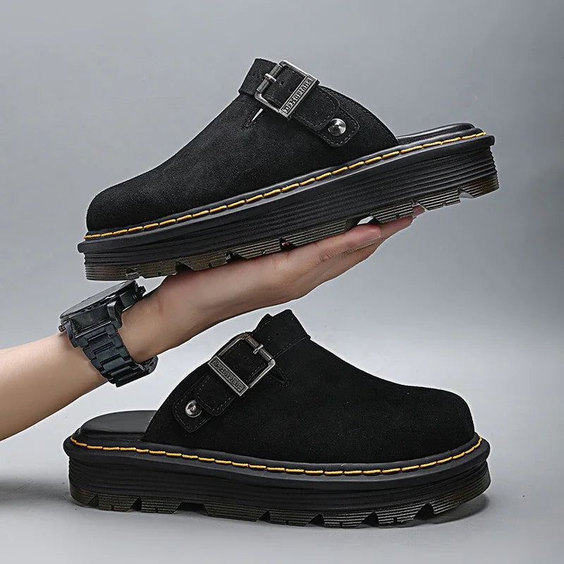 Men's Fashion Large Leather Casual Slippers Men's Four Seasons Half Slippers Non Slip Beach Shoes Classic Clogs Shoes