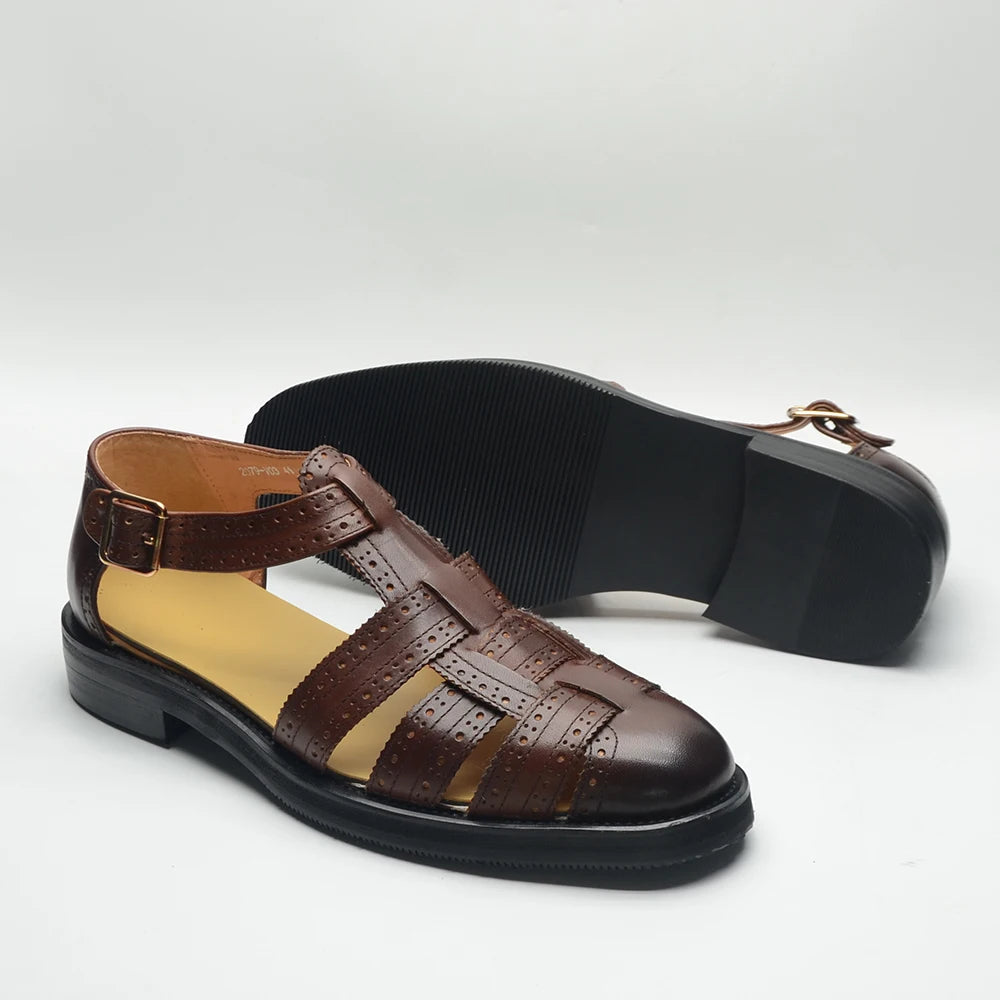 Luxury Designer Men's Summer Sandals Genuine Leather Brogue Carving Man Shoes Formal Events Social Buckle Strap Men Slippers