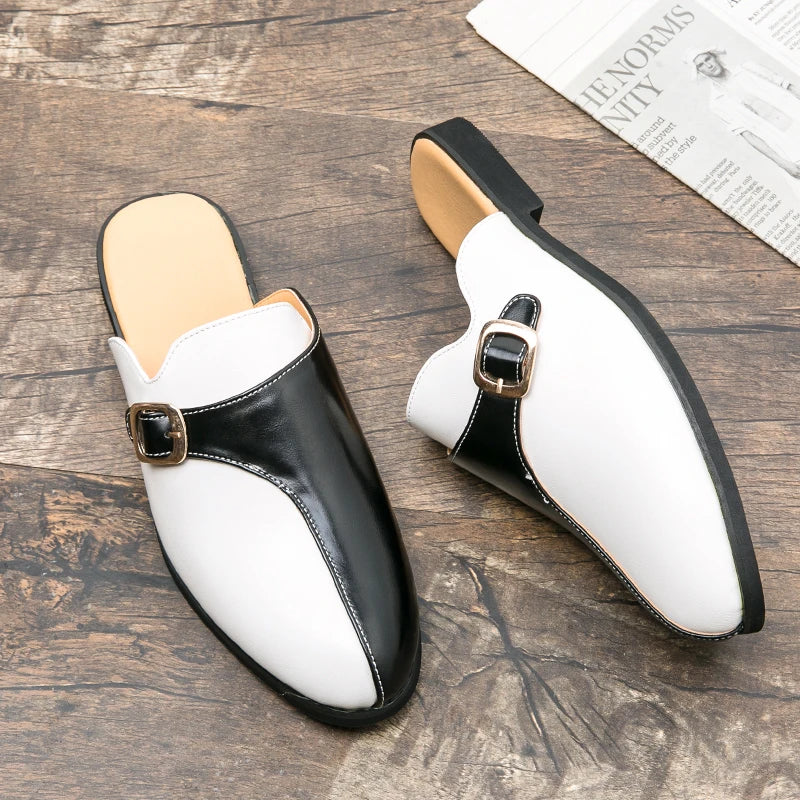 2024 New Luxury Designer Men's Casual Bling Leather Loafers Italian for Men Half Shoes Mules Male Black Slides Business Slippers