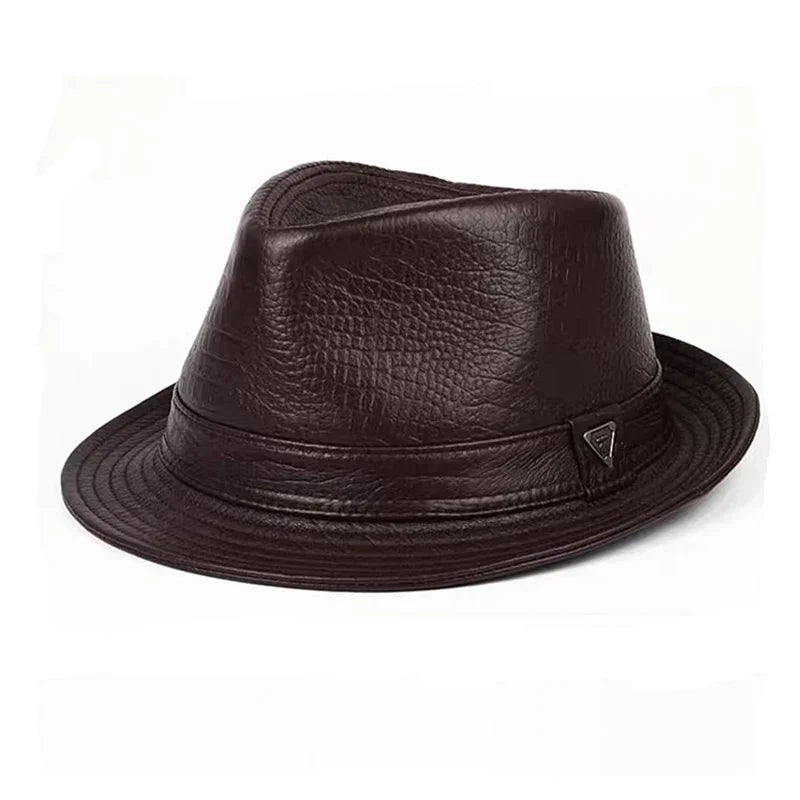 New 2023 Man High Quality Genuine Leather Jazz Fedora Gentleman CowSkin Short Brim Black/Brown Fitted Top Hat Male Shows
