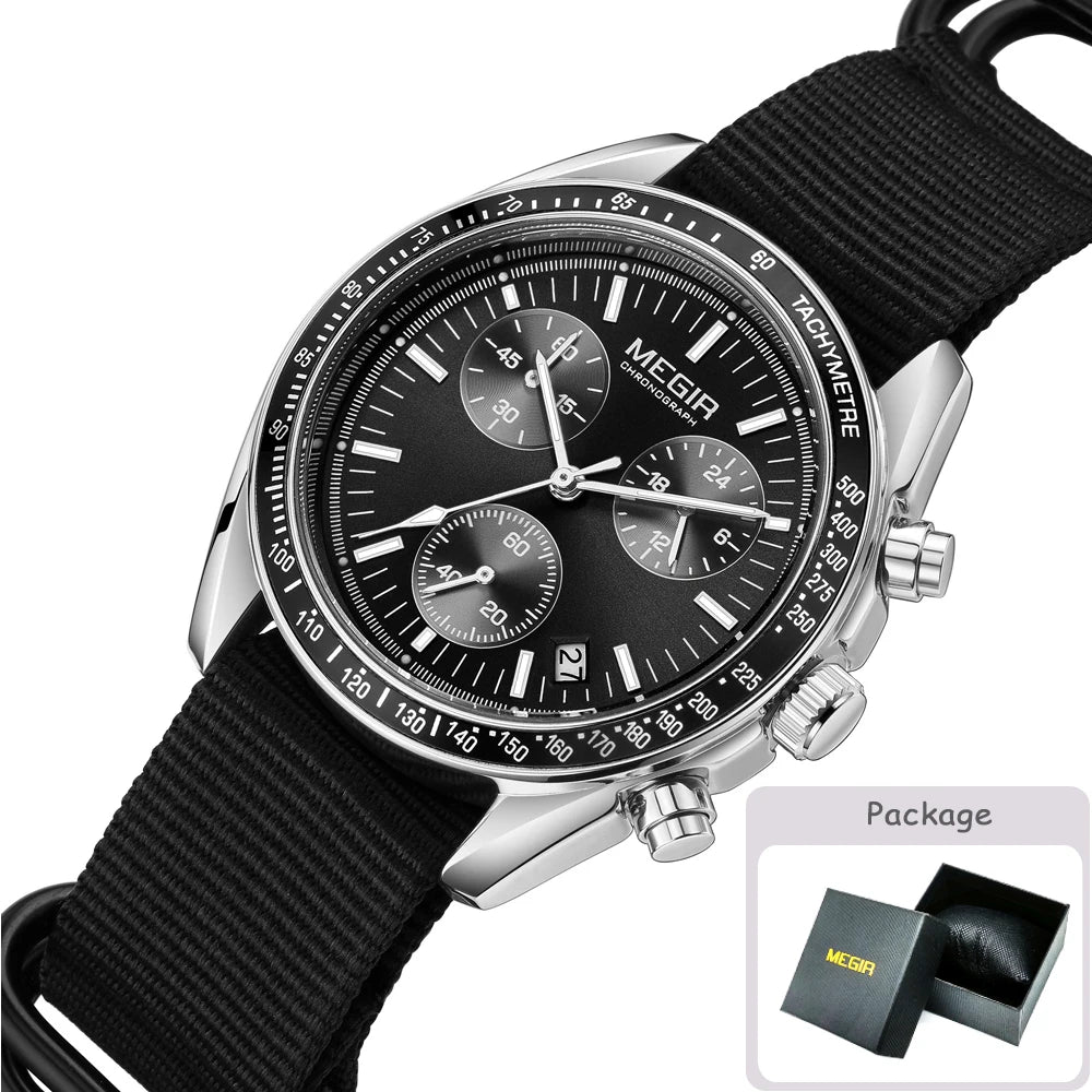 MEGIR New Luxury Men's Watches Canvas Weaving Strap Sport Automatic Chronograph Quartz Waterproof Wristwatch for Male 2247