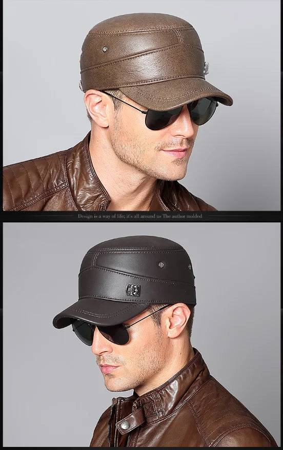 2025 New Men Spring/Winter Real Leather Black/Brown Flat Baseball Caps Male 54-62 cm Customized Size Outdoor Snapback Golf Hat