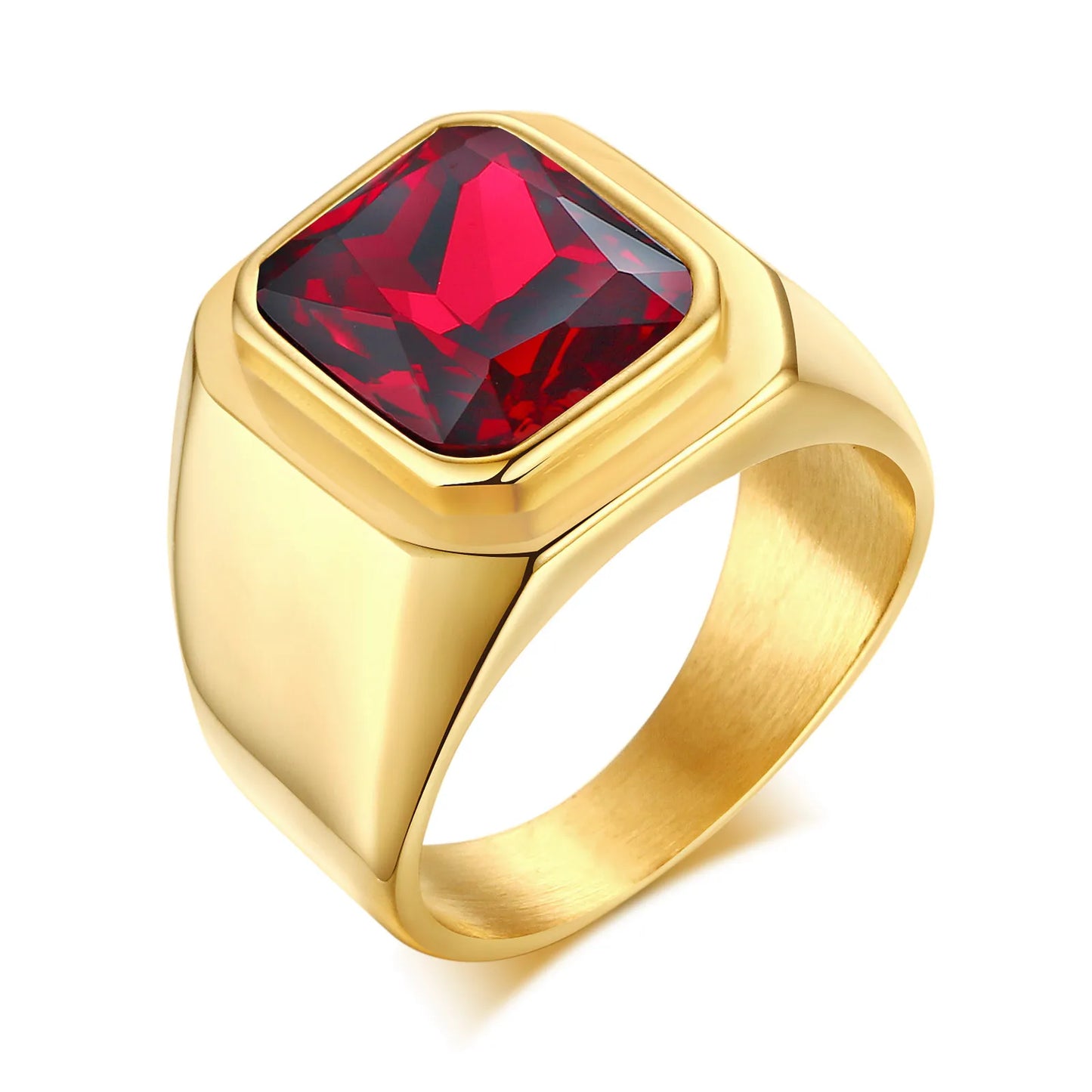Punk Ethnic Red Stone Ring for Men,Gold Plated Stainless Steel Signet Ring,Square Round Ring Jewelry Gift