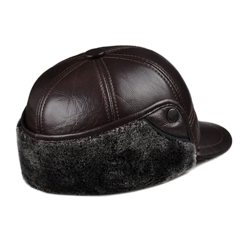 Genuine Cowhide Leather Faux Fur Caps Dad Warm Winter Hat For Men Velvet Flat-top Duck Tongue Ear Protection Outdoor Bomber Gorr