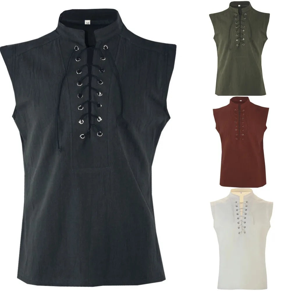 Men's Casual Shirt Black Green Steampunk Gothic Tank Tops Medieval Shirt Lace-Up Sleeveless Renaissance Pirate Shirts for Men