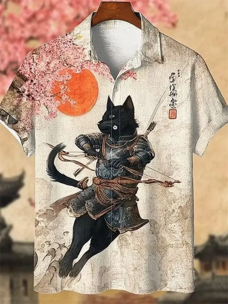 Men's new comfortable linen short sleeved shirt 3D jellyfish print maple leaf pattern button short sleeved top