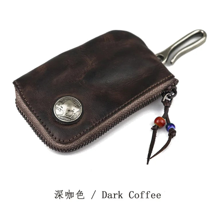 Natural Leather Key Wallet for Men Short Zipper Car Key Holder Real Leather Coin Purse Card Case Bag Keys Organizer Housekeeper