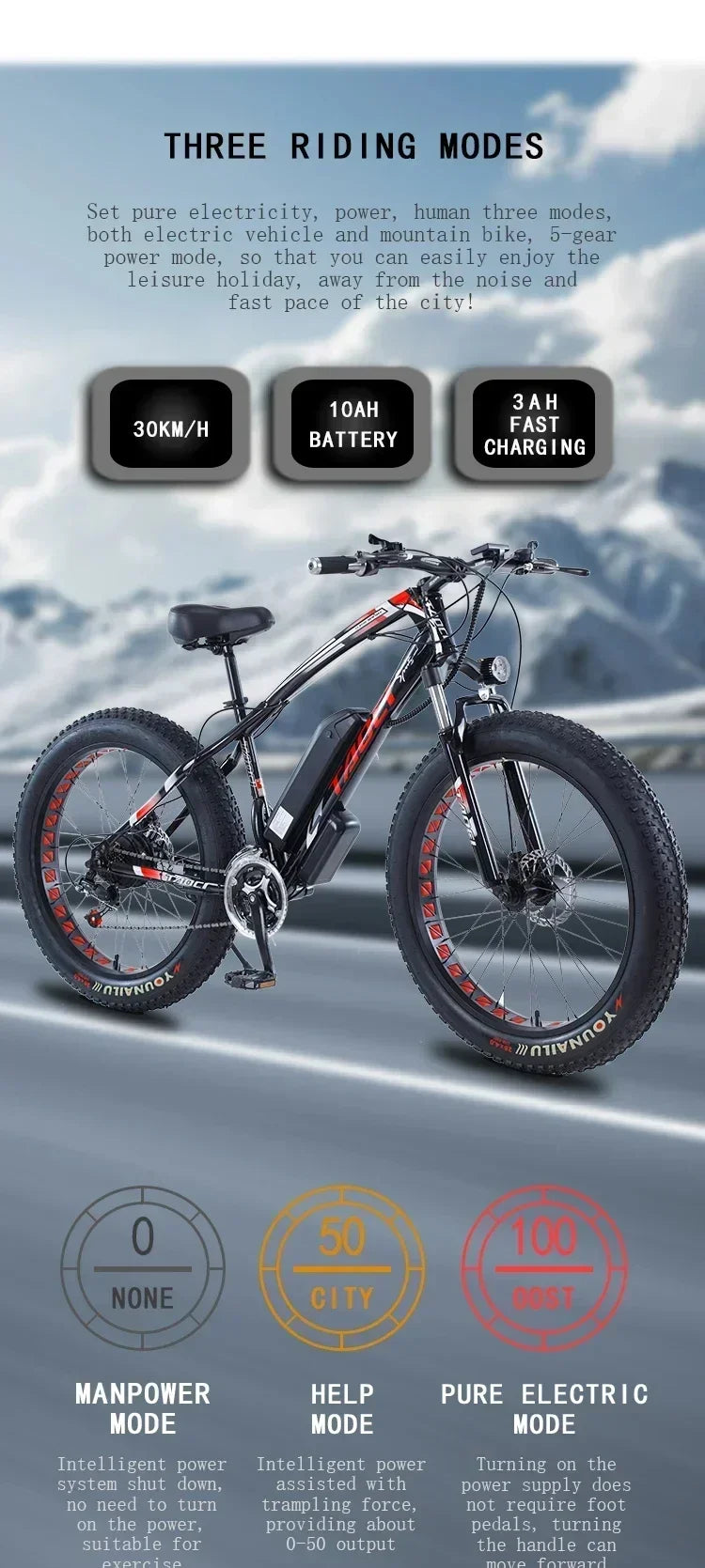 Electric bicycle AKEZ 750W motor 48v13ah battery Hydraulic Brake Electric bike 26 inch Fat tires mountain off-road riding e-bike