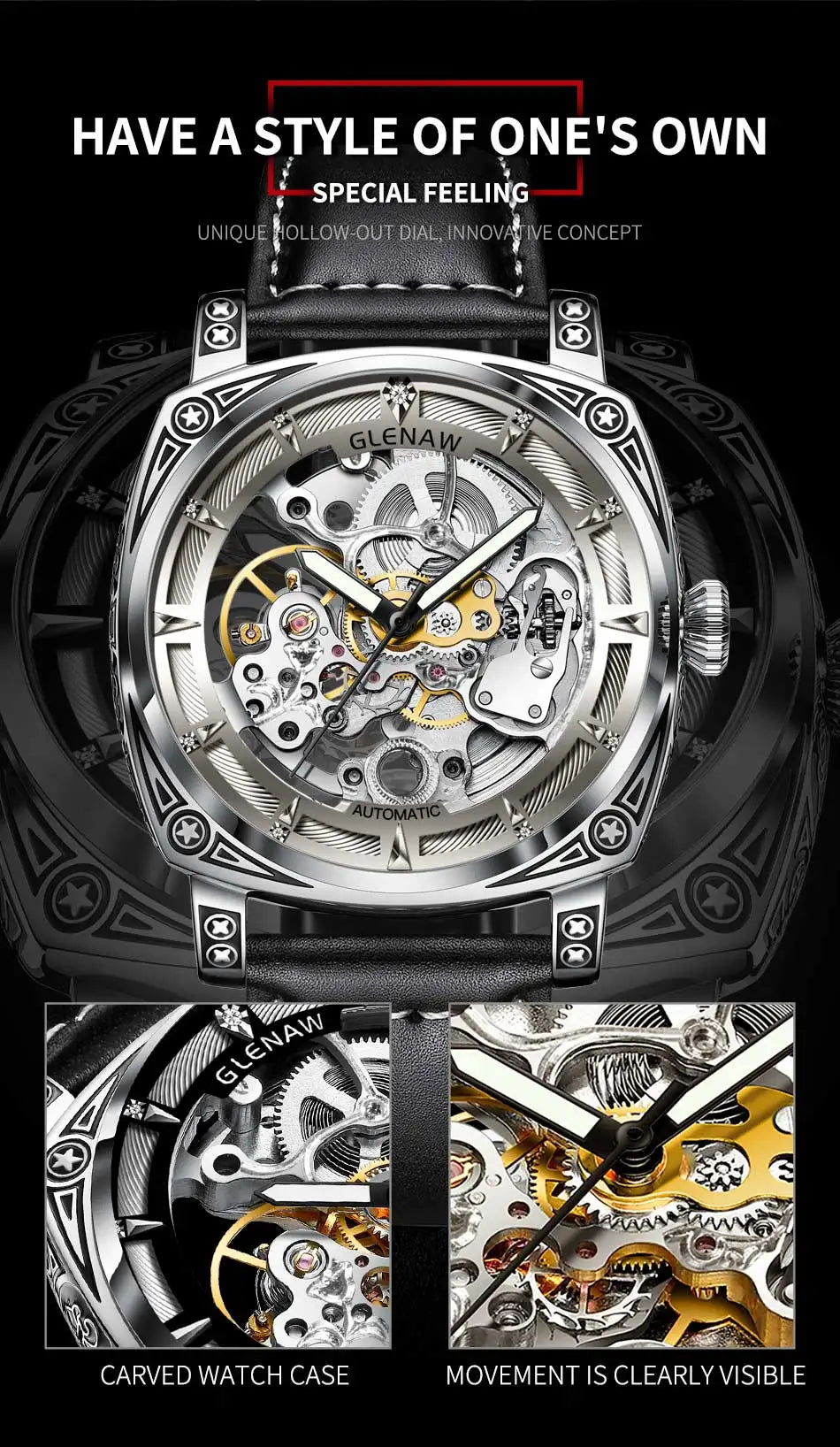 Relogios Masculino Glenaw Mens Watches Top Brand Luxury Personal Carving Watch Men's Stainless Steel Waterproof Watch Montre Hom