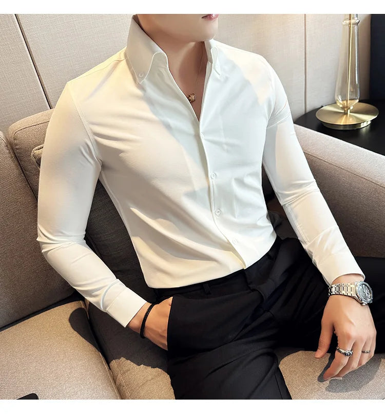 Men Dress Shirt 2025 Autumn British Style Solid Casual Slim Fit Formal Camisas V-neck Long Sleeves Shirt Streetwear Men Clothing