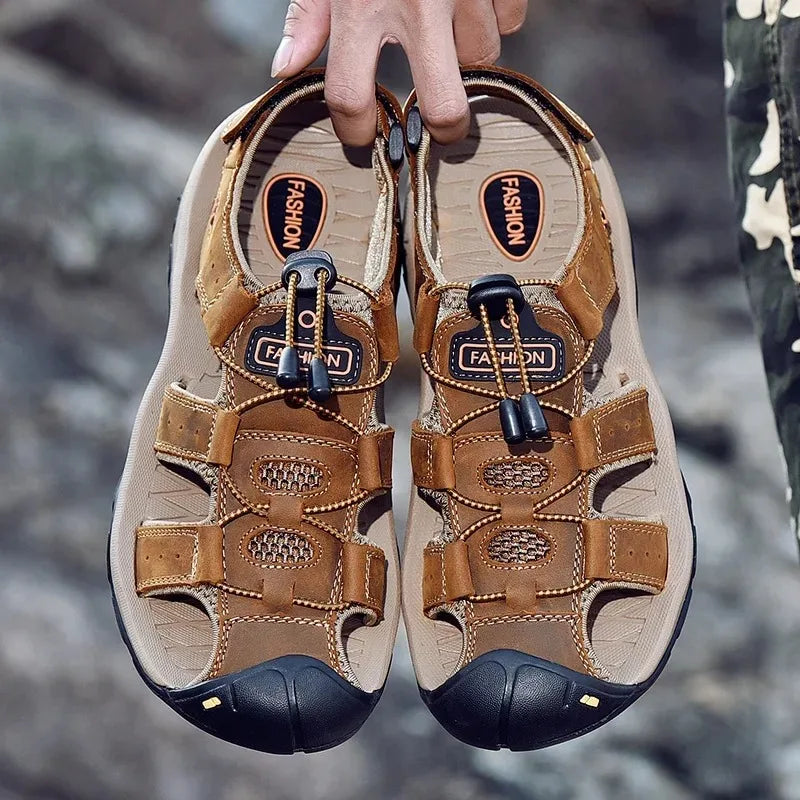 Big Size Men's Sandals Summer Anti-collision Outdoor Walking Treking Casual Shoes Leather Hiking Men Slippers Beach Wading Shoes