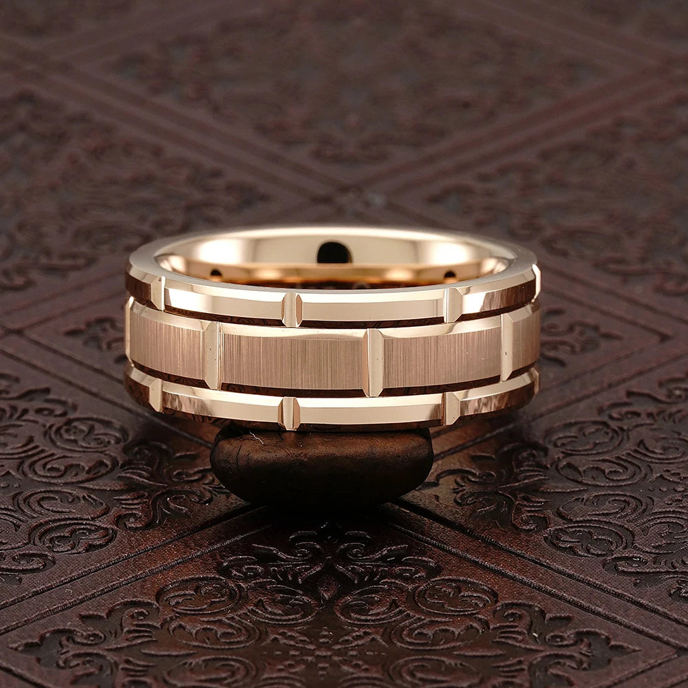 Fashion Men 8mm Rose Gold Color Stainless Steel Rings Double Groove Pattern Promise Rings For Men Wedding Jewelry Accessories