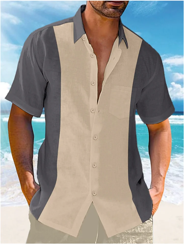 Men's Shirt New 2023 Casual Summer Shirt Beach Vacation Top Blue Short Sleeve Color Matching Lapel Front Pocket Clothing Fashion