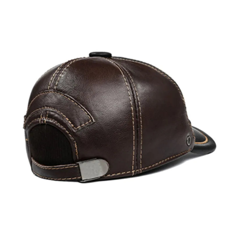 New Autumn Winter Men's Genuine Leather Cap Natural Cowhide Baseball Caps Thickened Warm Coldproof Ear Protection Earmuffs Hats