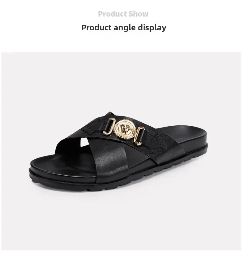 Trendy Versatile Men's Slippers Soft Sole One-Piece Genuine Leather Beach Shoes Cross Strap Casual Shoes Summer 2024