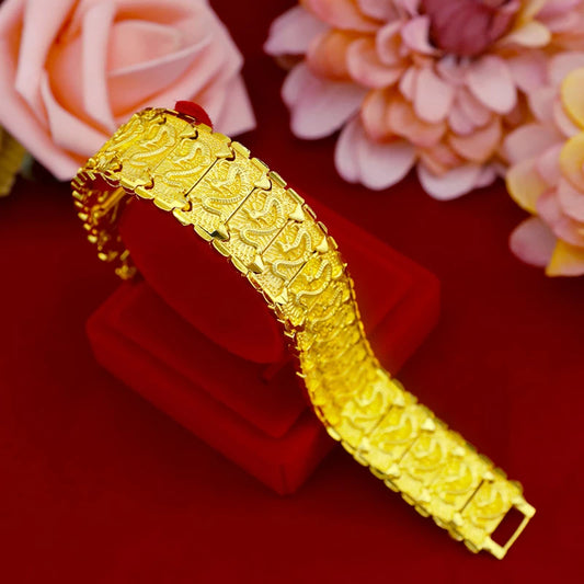 24k Yellow Gold Color Watch Bracelet for Men Dragon Pattern Male Gentleman Bracelet Hand Chain Wedding Engagement Jewelry Gifts