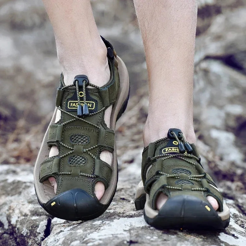 Big Size Men's Sandals Summer Anti-collision Outdoor Walking Treking Casual Shoes Leather Hiking Men Slippers Beach Wading Shoes